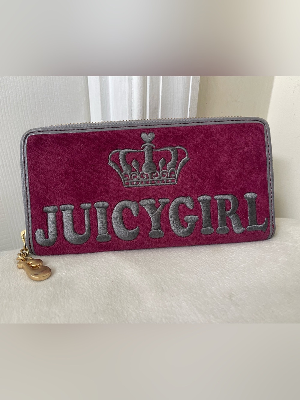 Juicy Couture Vintage Plum Suede Juicy Girl Zip Wallet with Gold Charm
